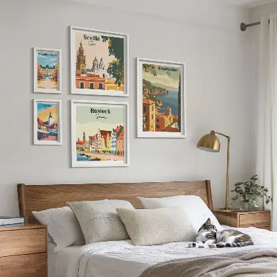 Conjunto de 5 quadros decorativos de paisagens de cidades europeias