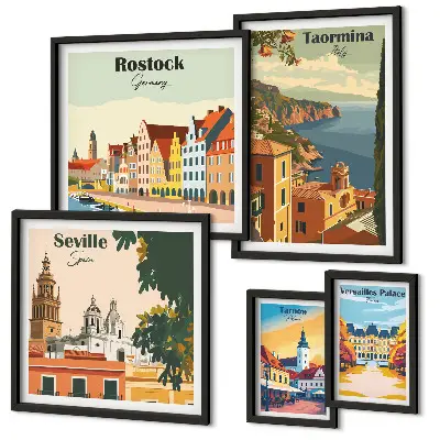 Conjunto de 5 quadros decorativos de paisagens de cidades europeias