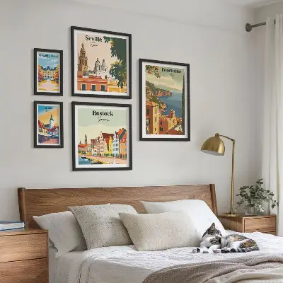 Conjunto de 5 quadros decorativos de paisagens de cidades europeias