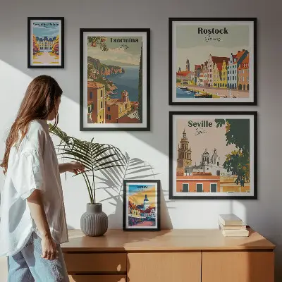 Conjunto de 5 quadros decorativos de paisagens de cidades europeias