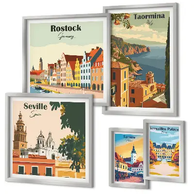 Conjunto de 5 quadros decorativos de paisagens de cidades europeias