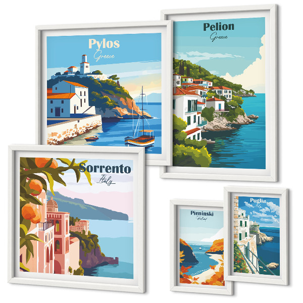 Conjunto de 5 quadros com moldura Paisagens das ilhas gregas