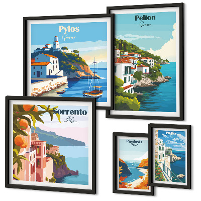 Conjunto de 5 quadros com moldura Paisagens das ilhas gregas