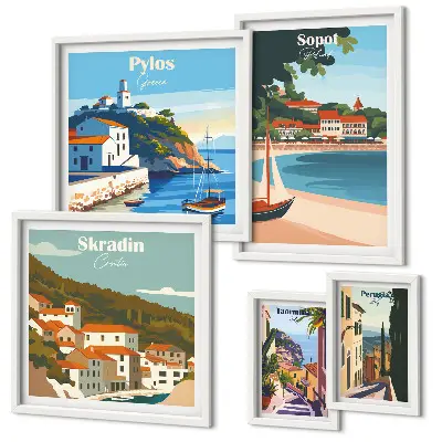 Conjunto de 5 quadros decorativos com paisagens de cidades costeiras
