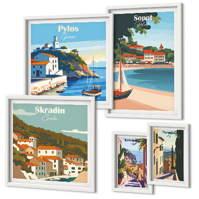 Conjunto de 5 quadros decorativos Paisagens de cidades costeiras