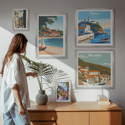 Conjunto de 5 quadros decorativos Paisagens de cidades costeiras