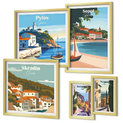 Conjunto de 5 quadros decorativos com paisagens de cidades costeiras