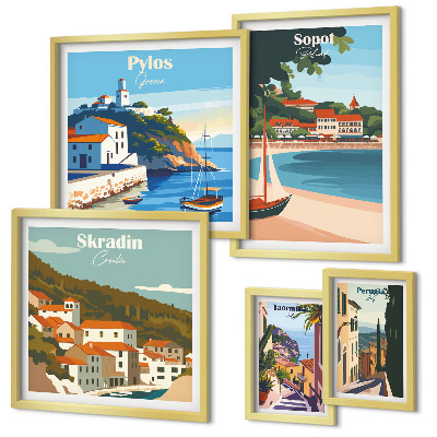 Conjunto de 5 quadros decorativos Paisagens de cidades costeiras