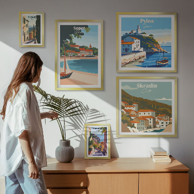Conjunto de 5 quadros decorativos Paisagens de cidades costeiras