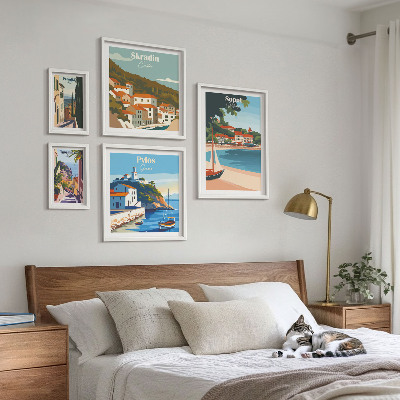 Conjunto de 5 quadros decorativos Paisagens de cidades costeiras