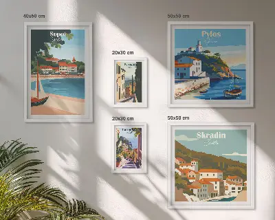 Conjunto de 5 quadros decorativos com paisagens de cidades costeiras