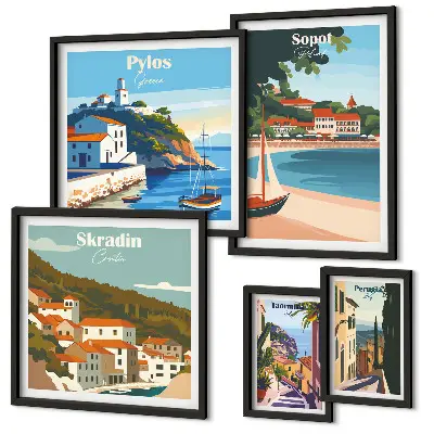Conjunto de 5 quadros decorativos com paisagens de cidades costeiras