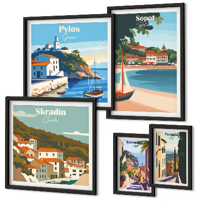 Conjunto de 5 quadros decorativos Paisagens de cidades costeiras