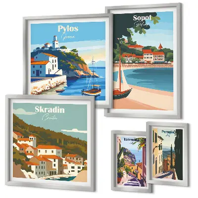Conjunto de 5 quadros decorativos com paisagens de cidades costeiras
