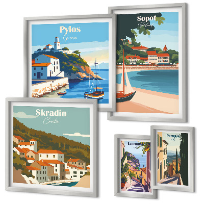 Conjunto de 5 quadros decorativos Paisagens de cidades costeiras