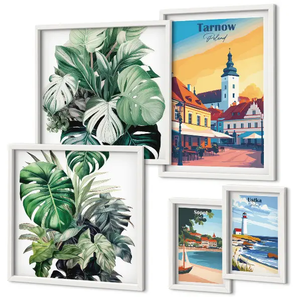 Conjunto de 5 quadros com moldura com estampas da flora das cidades costeiras polonesas