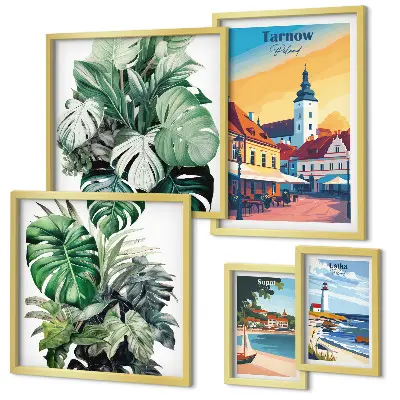 Conjunto de 5 quadros com moldura com estampas da flora das cidades costeiras polonesas