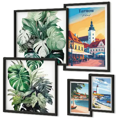 Conjunto de 5 quadros com moldura com estampas da flora das cidades costeiras polonesas