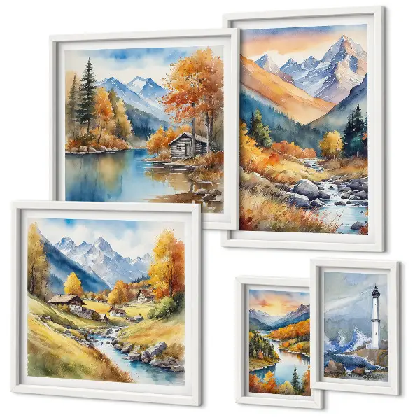 Conjunto de 5 quadros decorativos paisagem de farol com rios e montanhas