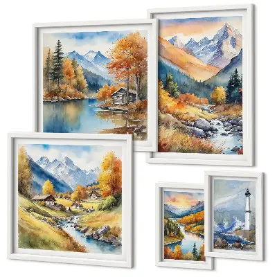 Conjunto de 5 quadros decorativos paisagem de farol com rios e montanhas