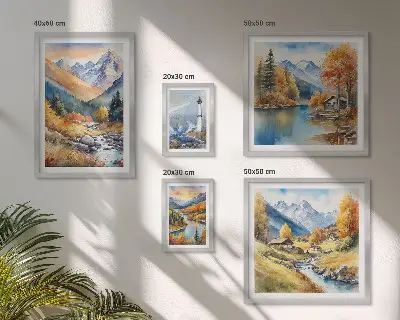 Conjunto de 5 quadros decorativos paisagem de farol com rios e montanhas
