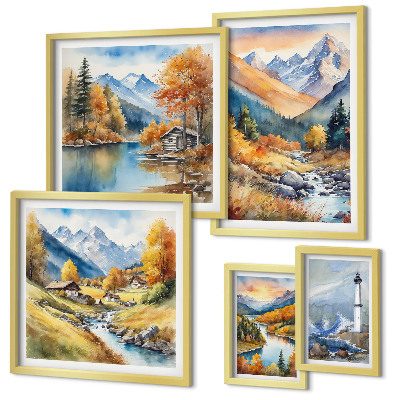 Conjunto de 5 quadros decorativos farol de rios de montanha