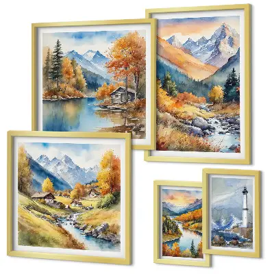 Conjunto de 5 quadros decorativos paisagem de farol com rios e montanhas