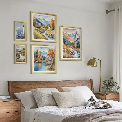 Conjunto de 5 quadros decorativos paisagem de farol com rios e montanhas