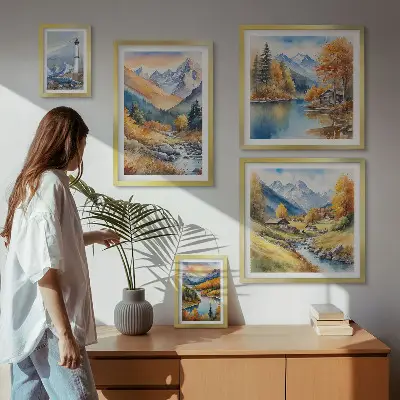 Conjunto de 5 quadros decorativos paisagem de farol com rios e montanhas