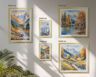 Conjunto de 5 quadros decorativos paisagem de farol com rios e montanhas
