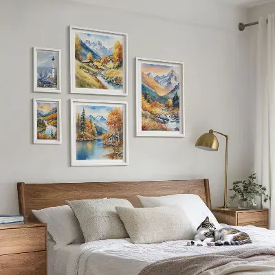 Conjunto de 5 quadros decorativos paisagem de farol com rios e montanhas