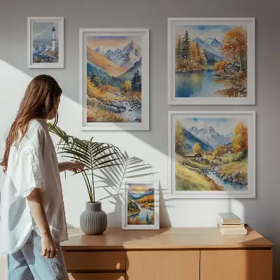 Conjunto de 5 quadros decorativos paisagem de farol com rios e montanhas