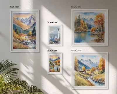 Conjunto de 5 quadros decorativos paisagem de farol com rios e montanhas
