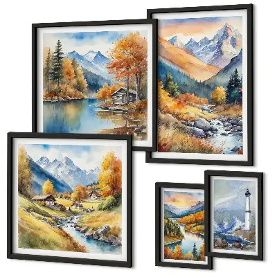 Conjunto de 5 quadros decorativos paisagem de farol com rios e montanhas
