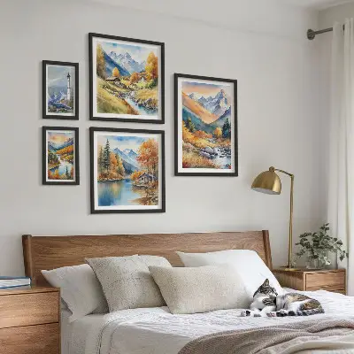 Conjunto de 5 quadros decorativos paisagem de farol com rios e montanhas