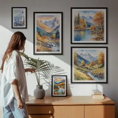 Conjunto de 5 quadros decorativos paisagem de farol com rios e montanhas