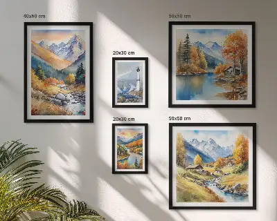 Conjunto de 5 quadros decorativos paisagem de farol com rios e montanhas