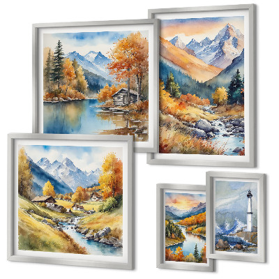 Conjunto de 5 quadros decorativos farol de rios de montanha