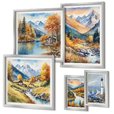 Conjunto de 5 quadros decorativos paisagem de farol com rios e montanhas