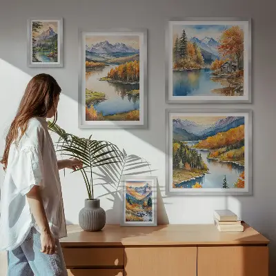 Galeria de parede rios de montanha com árvores de outono