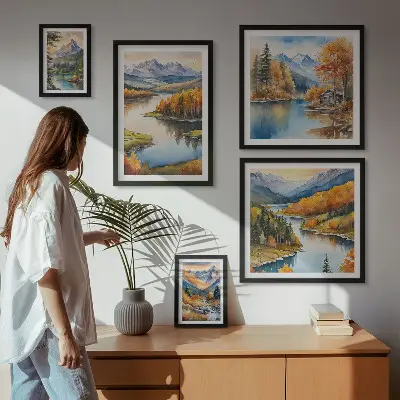 Galeria de parede rios de montanha com árvores de outono