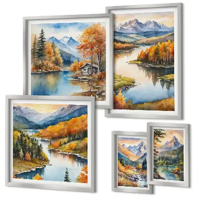 Galeria de parede rios de montanha com árvores de outono