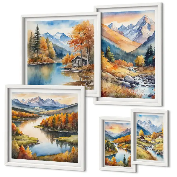 Conjunto de 5 quadros com moldura de montanhas de outono com rios e casas