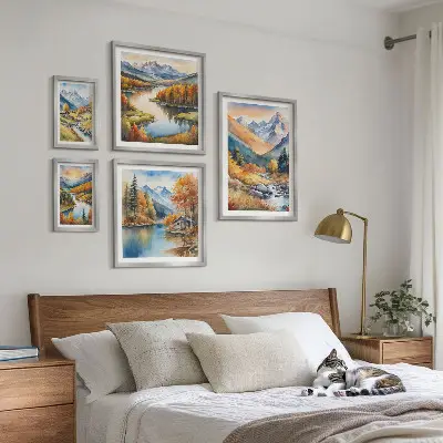 Conjunto de 5 quadros com moldura de montanhas de outono com rios e casas