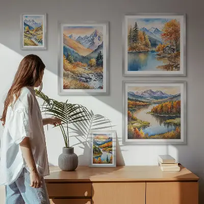 Conjunto de 5 quadros com moldura de montanhas de outono com rios e casas