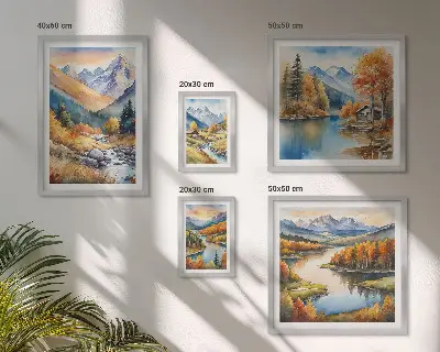 Conjunto de 5 quadros com moldura de montanhas de outono com rios e casas