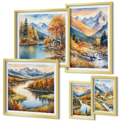 Conjunto de 5 quadros com moldura de montanhas de outono com rios e casas