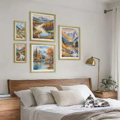 Conjunto de 5 quadros com moldura de montanhas de outono com rios e casas