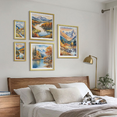 Conjunto de 5 quadros com moldura montanhas de outono rios casas