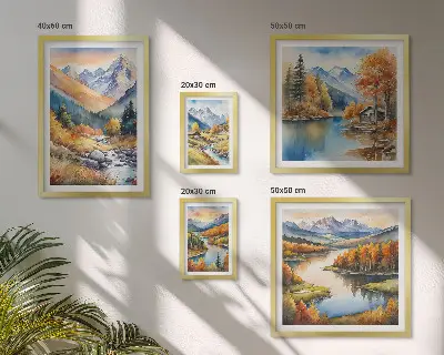 Conjunto de 5 quadros com moldura de montanhas de outono com rios e casas